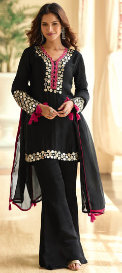 Black and Grey color Salwar Kameez in Shimmer fabric with Embroidered, Mirror work