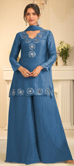 Blue color Salwar Kameez in Silk fabric with Embroidered, Mirror, Thread work