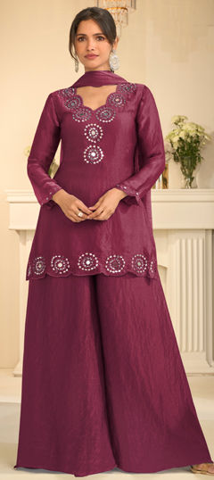 Purple and Violet color Salwar Kameez in Silk fabric with Embroidered, Mirror, Thread work
