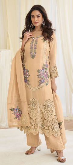 Beige and Brown color Salwar Kameez in Shimmer fabric with Bugle Beads, Embroidered, Sequence, Stone work