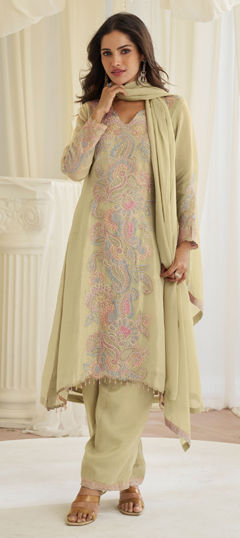 Beige and Brown color Salwar Kameez in Shimmer fabric with Bugle Beads, Embroidered, Sequence, Stone work
