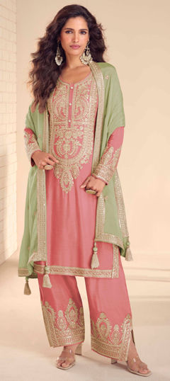 Pink and Majenta color Salwar Kameez in Chinon Silk fabric with Embroidered, Sequence work