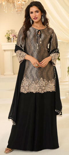 Black and Grey color Salwar Kameez in Chinon Silk fabric with Bugle Beads, Embroidered, Sequence, Stone work