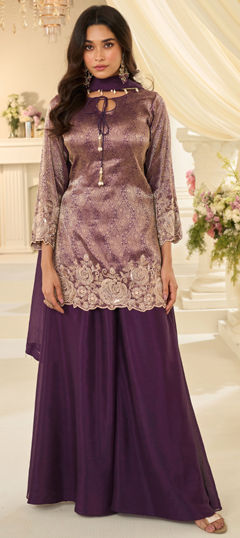 Purple and Violet color Salwar Kameez in Chinon Silk fabric with Bugle Beads, Embroidered, Sequence, Stone work