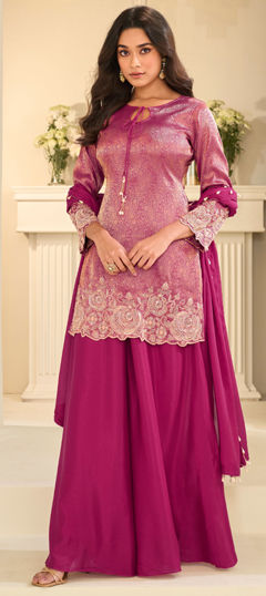 Pink and Majenta color Salwar Kameez in Chinon Silk fabric with Bugle Beads, Embroidered, Sequence, Stone work