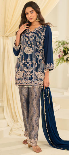 Blue color Salwar Kameez in Chinon Silk fabric with Bugle Beads, Embroidered, Sequence, Stone work