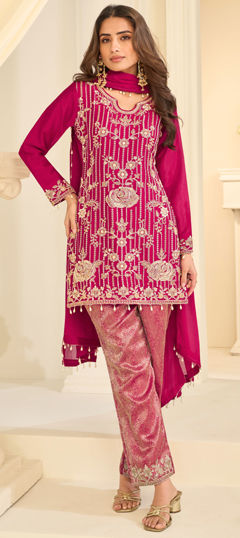 Pink and Majenta color Salwar Kameez in Chinon Silk fabric with Bugle Beads, Embroidered, Sequence, Stone work