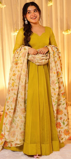 Yellow color Gown in Silk fabric with Digital Print, Floral, Lace work