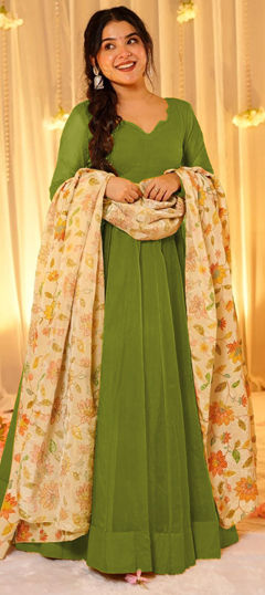 Green color Gown in Silk fabric with Digital Print, Floral, Lace work