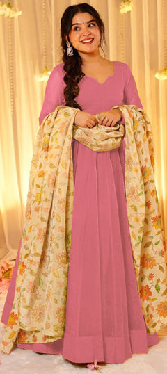 Pink and Majenta color Gown in Silk fabric with Digital Print, Floral, Lace work