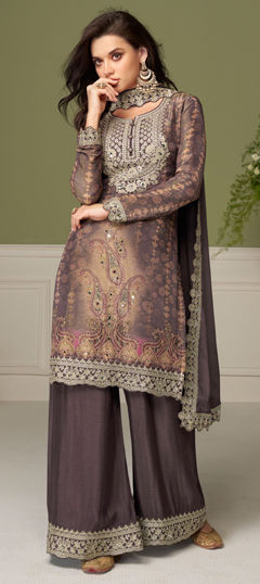 Black and Grey color Salwar Kameez in Chinon Silk fabric with Embroidered, Mirror, Printed, Sequence, Stone work
