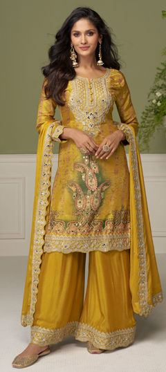 Yellow color Salwar Kameez in Chinon Silk fabric with Embroidered, Mirror, Printed, Sequence, Stone work