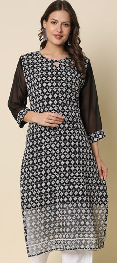 Black and Grey color Kurti in Georgette fabric with Embroidered work