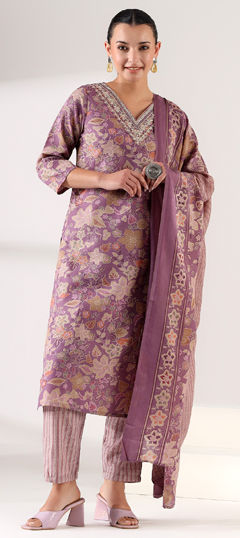 Purple and Violet color Salwar Kameez in Blended Cotton fabric with Embroidered, Floral, Printed, Thread work