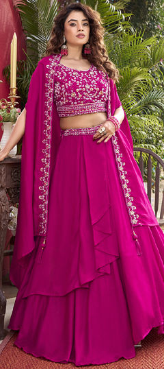 Pink and Majenta color Ready to Wear Lehenga in Silk fabric with Bugle Beads, Embroidered, Moti, Sequence work