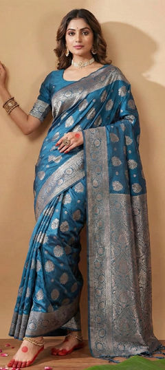 Blue color Saree in Blended, Silk fabric with Weaving work
