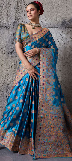 Blue color Saree in Satin Silk fabric with Printed, Weaving work