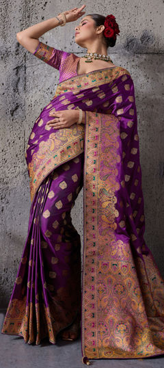 Purple and Violet color Saree in Satin Silk fabric with Printed, Weaving work