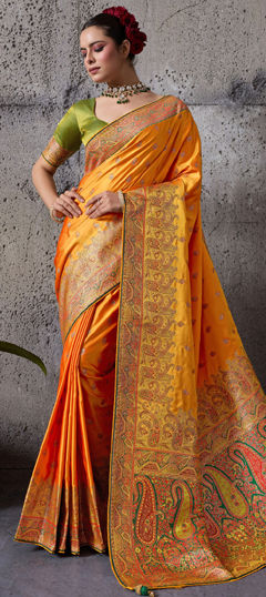 Orange color Saree in Satin Silk fabric with Printed, Weaving work