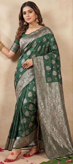 Green color Saree in Blended, Silk fabric with Weaving work