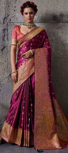 Pink and Majenta color Saree in Silk fabric with Printed, Weaving work