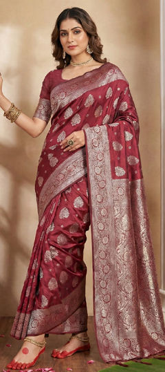 Red and Maroon color Saree in Blended, Silk fabric with Weaving work