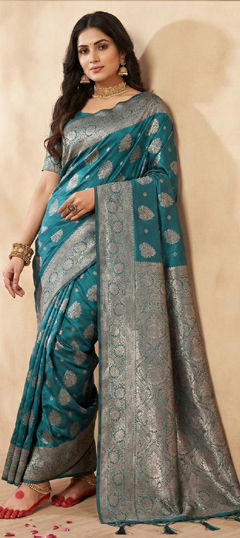 Green color Saree in Blended, Silk fabric with Weaving work