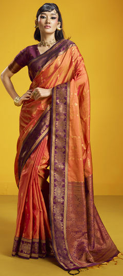 Orange color Saree in Silk fabric with Weaving work