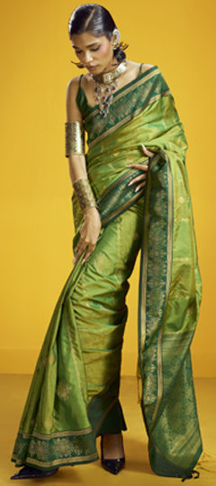 Green color Saree in Silk fabric with Weaving work