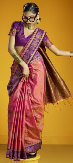 Pink and Majenta color Saree in Silk fabric with Weaving work