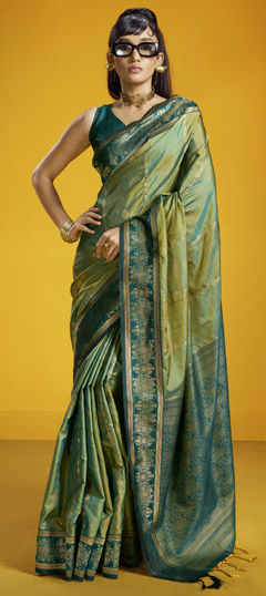 Green color Saree in Silk fabric with Weaving work