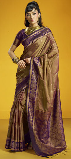 Beige and Brown color Saree in Silk fabric with Weaving work