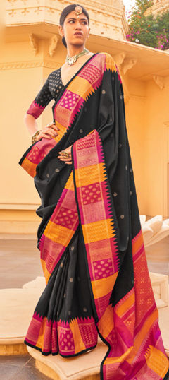 Black and Grey color Saree in Silk fabric with Weaving work
