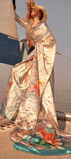 Beige and Brown color Saree in Satin Silk fabric with Printed work