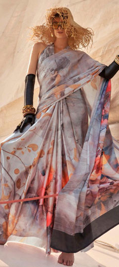 Black and Grey color Saree in Satin Silk fabric with Printed work