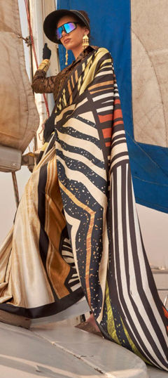 Beige and Brown, Black and Grey color Saree in Satin Silk fabric with Printed work