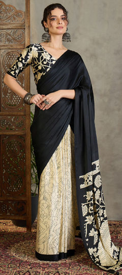 Black and Grey, White and Off White color Saree in Satin Silk fabric with Printed work