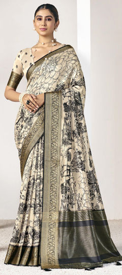 Beige and Brown, Black and Grey color Saree in Silk fabric with Printed, Weaving work