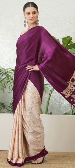 Pink and Majenta, White and Off White color Saree in Satin Silk fabric with Printed work