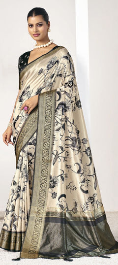 Beige and Brown, Black and Grey color Saree in Silk fabric with Printed, Weaving work