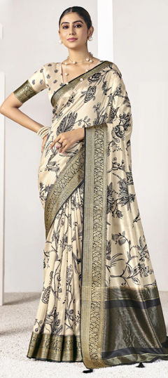 Beige and Brown, Black and Grey color Saree in Silk fabric with Printed, Weaving work