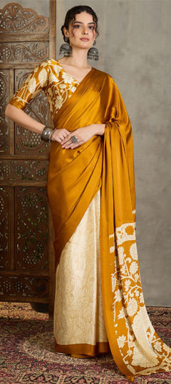 White and Off White, Yellow color Saree in Satin Silk fabric with Printed work