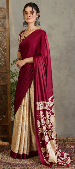 Red and Maroon, White and Off White color Saree in Satin Silk fabric with Printed work