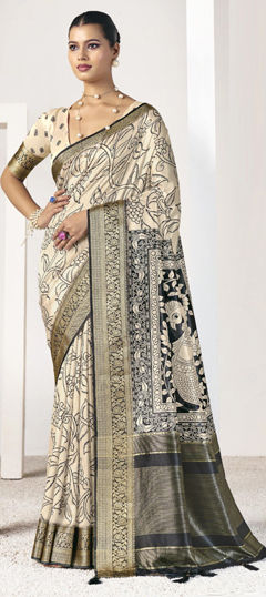 Beige and Brown, Black and Grey color Saree in Silk fabric with Printed, Weaving work
