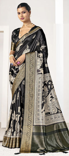 Beige and Brown, Black and Grey color Saree in Silk fabric with Printed, Weaving work