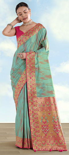 Blue color Saree in Banarasi Silk fabric with Border, Weaving work