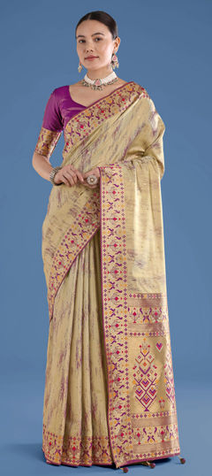 Beige and Brown color Saree in Banarasi Silk fabric with Border, Weaving work