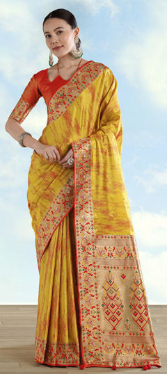 Yellow color Saree in Banarasi Silk fabric with Border, Weaving work