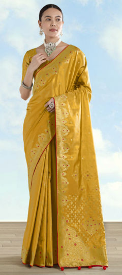 Yellow color Saree in Banarasi Silk fabric with Weaving, Zari work
