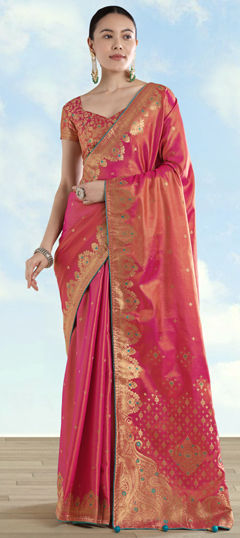 Red and Maroon color Saree in Banarasi Silk fabric with Weaving, Zari work